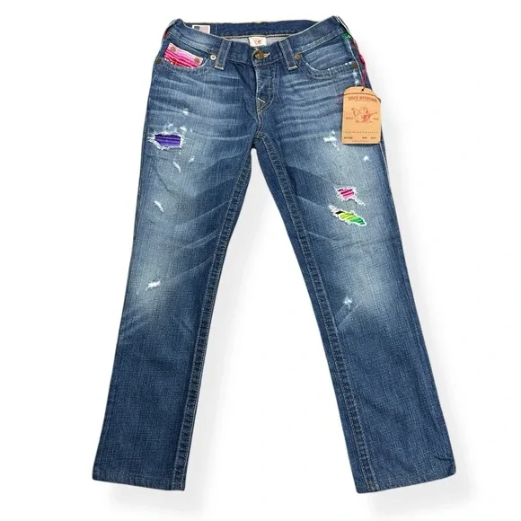 VTG True Religion Size 25 Brianna Baja Boyfriend Button-Fly Serape Patched Jeans